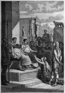 CAPTIVITY OF CHAMACUS - Caratacus (Caratacos, Caratacus) in captivity with his family addresses the Roman Emperor Claudius (Claude I) (10 BC-54 AD) - Engraving in "L