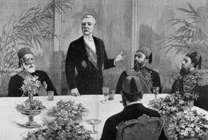 カイロスタンレー（サー・ヘンリー・モートン）（1841 - 1904）が宴席で演説する様子。19世紀のエングレーヴィング。 作： Unknown artist