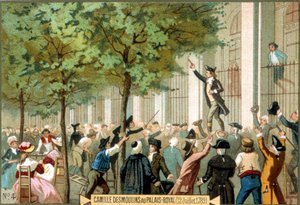 パレ・ロワイヤルでのカミーユ・デムーラン（1789年12月7日）。クロモリトグラフ 19世紀- フランス革命-カミーユ・デムーランがバスティーユに嵐を呼ぶ（パリ 作： Unknown artist
