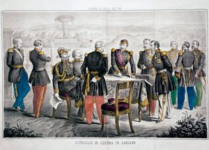 1859年のイタリアのキャンペーン。ヴィットリオ・エマヌエーレ2世（ヴィクトル・エマヌエルまたはヴィクトル・エマヌエル）と皇帝ナポレオン3世の会談が行われたカッサーノの軍議。個人蔵 作： Unknown artist