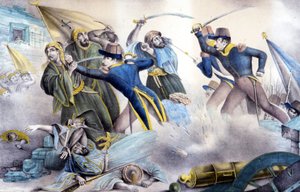 1837年、ヴァレ元帥によるアルジェリアでのコンスタンティヌスの捕獲。19世紀のカラーリトグラフ。