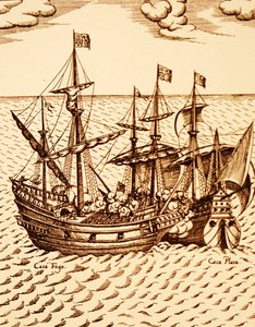 Captura do galeão espanhol Cagafuego pelo Golden Hind liderado por Francis Drake em março de 1579 (gravura) 作： Unknown artist