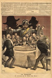 風刺イラスト "la galette "は、王様の祝宴を描いたもので、銀行家がケーキを切り分け、皆が分け前を求めて飛び出したところ、貧乏人の代わりに憲兵がいた、というもの。1893年7月1日「Le petit journal」に掲載された版画。セルバのコレクション。 作： Unknown artist