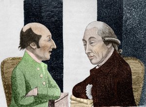 左がジェームズ・ハットン（1726 - 1797）、右がジョセフ・ブラック（1728 - 1799）の漫画 19世紀初頭のエングレーヴィング 作： Unknown artist