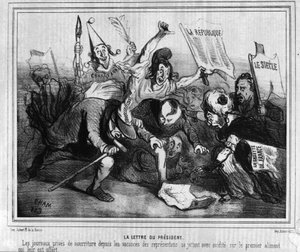 1848年12月10日に行われた第一回大統領選挙の選挙運動を、「新聞の戦い」を題材にして描いた漫画。 作： Unknown artist
