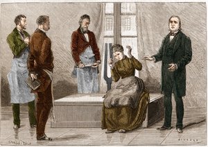 音（ダイアパソン）の影響で生じる催眠状態。フランスの神経学者ジャン・マルタン・シャルコー（1825-1893）（右）がサルペトリエール病院で患者に催眠術をかけている様子。図版は1879年の「ネイチャー」より引用