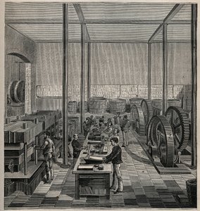 セルロイド：セルロイドの製造。Adolphe BITARDの "Les arts et metiers illustres "に掲載された1885年の図版。