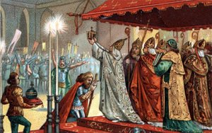 800年12月25日、ローマのサンピエトロ寺院で教皇レオ3世（c750-816）により戴冠されたシャルルマーニュ（742-814） - 800年、教皇レオ3世によるシャルルマーニュ（742-814）の聖別（戴冠式）。 作： Unknown artist