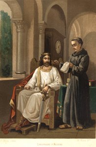 シャルルマーニュ（747-814）、アルクイン（781年頃）、ルイ・フィギエの "La Ciencia y sus Hombres "の後。バルセロナ 1881年 作： Unknown artist