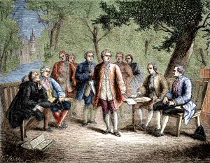 Charles de Secondat Montesquieu with the scientific cenacle at Castle Clairac, France - Le cenacle scientifique du chateau de Clairac: Montesquieu et le baron de Secondat, son, le chevalier de Vivens, Romas et les freres Dutilh - in "Album de la Science; i 作： Unknown artist
