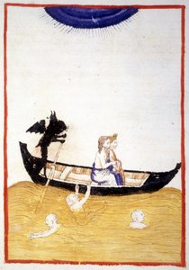 シャロン（カロン）はダンテとヴァージルに冥界の川であるアケロンを渡らせる-ダンテ・アリギエリの『神曲』の中で、14世紀の写本のミニチュア、Bibl.Municipal de Rimini。