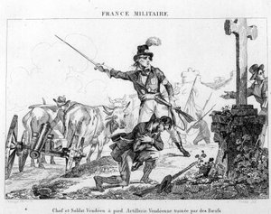 酋長と兵士は歩いている。牛に引かれたヴェンデアンの大砲。19世紀のエングレーヴィング。 作： Unknown artist