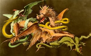 Chimeres 2匹のモンスターと戦うドラゴン。19世紀のエングレーヴィング。 作： Unknown artist