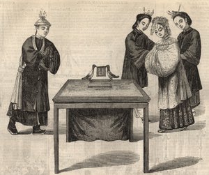 中国の習慣：結婚契約書に署名する。二人の配偶者の名前を書いたタブレットが、二羽の鳩と一緒にテーブルの上に置かれている。1857年2月14日の「The Illustrated London News」に掲載された図版。 作： Unknown artist