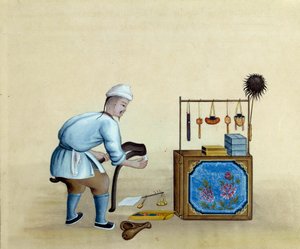 銀のインゴットを切るためにハサミを研ぐ中国の商人。17世紀のドローイング。パリB N 作： Unknown artist
