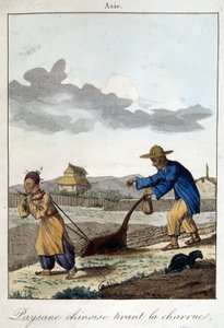 鋤を引く中国の農民。Hocquart編「Habit and Custom of Peoples（民族の習慣と風習）」にて 作： Unknown artist