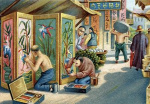 針と羽を使ってパネルや屏風を作る中国の農民たち。19世紀のクロモリ写真 作： Unknown artist