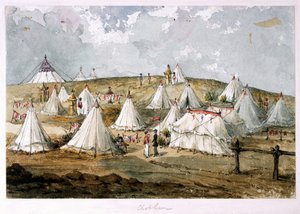 チョバム、ホッジス大佐、テント グレナディアガードの野営地。丘の上の女王のテント（水彩画 作： Unknown artist