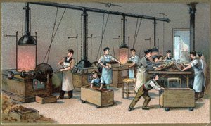 チョコレート作り。ココア・トレファクション・ルーム。19世紀末のクロモリトグラフ 作： Unknown artist