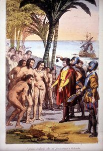 クリストファー・コロンブスのサンサルバドル（バハマ）への上陸（1492年12月10日）：コロンブス以前に最初のインディアンが現れていた。1850年のエングレーヴィング。 作： Unknown artist