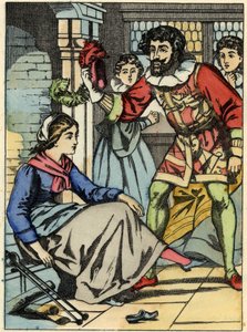 王子様が見つけたガラスの靴を試すシンデレラ。シャルル・ペローの物語「シンデレラ」（La petite slipper de verre）のイラスト。 作： Unknown artist