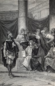紀元前280年のヘラクレアの戦いの後、ローマ人と交渉しようとするピュロス王の重要な顧問シネアス、1884年のエングレーヴィング。 作： Unknown artist