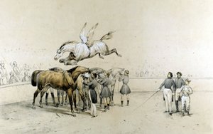 サーカスショー 翼のある馬が目隠しされた3頭の馬を飛び越える。 作： Unknown artist