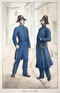 市の軍曹（1829年～1830年）。アルフレッド・レイ(1864-?)とルイ・フェロン(1862-?)がセーヌ川の警察官だったルイ・ルピーヌ(1846-1933)の後援で出版した本「平和の戦士たちの歴史」の挿絵のためのカラー・エッチング。 作： Unknown artist