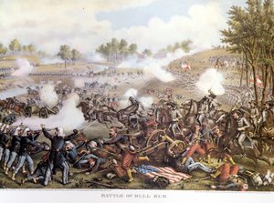 Civil War (1861 - 1865), アメリカ南北戦争 21/7/1861:第一次ブルランの戦い、または第一次マナサスの戦い。バージニア州、ボーレガード将軍が指揮する南部連合軍がマック・ダウエル将軍の北欧軍を破った。エングレービング。 作： Unknown artist