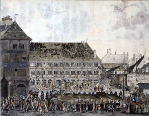 1789年7月21日、ストラスブールのタウンハウス（市庁舎）に登り、略奪を行う。 作： Unknown artist