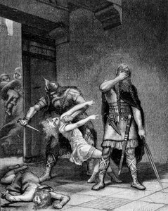 フランク王国の王クロテール（Clothaire）1世（v.497-561）とチルデベール1世は、兄クロドミル（495-524）の2人の息子を殺害した。 作： Unknown artist