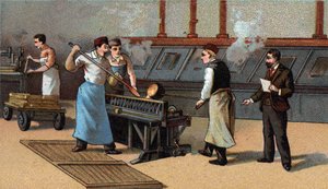 コイン製造、金の刃。19世紀末のクロモリトグラフ 作： Unknown artist