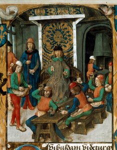 中世の貨幣鋳造。ニコラ・オレスム(1320-1382)の通貨に関する草稿(De Monetaと思われる)のミニチュア。14世紀 B.N. パリ 作： Unknown artist