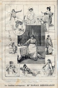 コメディアンのサラ・ベルナール（1844-1923）のマクベス-ピエロの刺客-テオドラ-トスカ-ジャンヌ・ダルク-トスカ-ヘルナム-カメリアの女-クレオパトラ-ペドロン-1895年の「The illustrious Progress」のエングレーヴィング。 作： Unknown artist