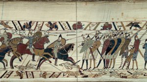 征服王ウィリアム（1027-1087）が1066年にイングランドで行ったコンクェート（イングランド王ハロルド2世のサクソン人歩兵にノルマン人騎兵が挑む戦闘シーン） バイユー・タペストリーの詳細またはマチルド王妃の刺繍 作： Unknown artist