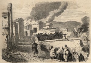アルジェリアのコンケテ：1857年の大カビリアへの遠征。第1ズアーブの大隊長アメラー氏の図面をもとにしたベニェンニ（Beni Yenni）の提出。1857年の「Le Monde illustrious」に掲載されたエングレーヴィング。個人蔵。