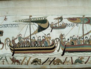 征服王ウィリアム（1027-1087）による1066年のイングランドのコンクェート：ノルマン艦隊がイングランドに向かう バイユータペストリーの詳細またはマチルド王妃の刺繍 作： Unknown artist