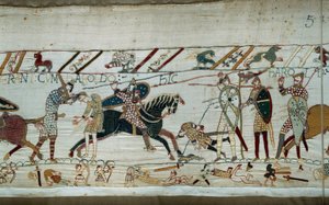 ノルマンディー公ウィリアム・ザ・コンカーラント（1027-1087）によるイングランド征服（1066年）：ノルマン人がサクソン軍を虐殺し、ハロルド王は目に刺さった矢で殺される バイユーのタペストリーの詳細またはマチルド王妃の刺繍