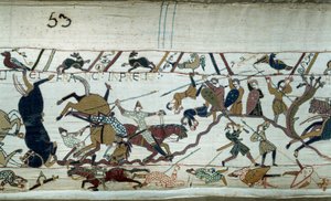 ノルマンディー公ウィリアム征服王（1027-1087）によるイングランド征服（1066年）：ヘイスティングスの戦い バイユー・タペストリーの詳細またはマチルド王妃の刺しゅう