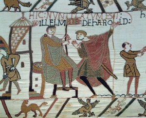 ノルマンディー公によるイングランドの征服 1066年の征服王ウィリアム（1027-1087）：ヘイスティングスの戦いでハロルド2世がウィリアムに伝えた事実を報告する見張り番 バイユータペストリーの詳細またはマチルド王妃の刺繍
