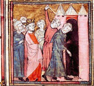 ルイ敬虔王（778-840）に対する陰謀、息子のロタイヤは833年にソワソンのサン・メダール修道院で公開懺悔を課した ミニチュアは「Grandes Chronicles de France」1375-1379年から引用 市立図書館、カス 作： Unknown artist