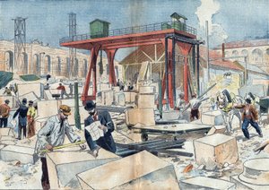 1898年、1900年の万国博覧会に合わせてパリに建設されたグランパレ。中央はダイヤモンドをカットするためのダイヤモンドホイール。7月3日付「ル・ペレラン」掲載のイラスト 作： Unknown artist