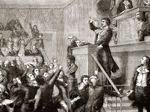 1792年9月21日の会議：演壇に立つジャン・ポール・マラット - Hennri Martinの「Histoire de France」に掲載された写真 作： Unknown artist