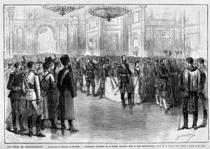 戴冠式のお祝い：クレムリンでの大舞踏会（クルカ）。ロシア皇帝アレクサンドル3世(1845-1894)とデンマーク皇帝ダグマー(1847-1928)のポーランド式行進(5月27日、セント・ジョージ・ホールにて)
