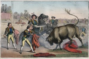 スペインの闘牛：le picador - Bull Charging a Picador - engraving from "Uses and Customs of All the Peoples of the Universe".つまり、最も遠い時代から我々自身の日までの、すべての国の政府、法律、民兵、宗教の歴史である。
