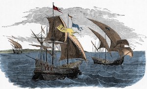 コルテスの艦隊、メキシコへ向けて出航 - スペインのアメリカ大陸植民地化：エルナン・コルテス（1485～1547年頃）の艦隊、メキシコへ向けて出航 作： Unknown artist