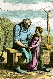 コゼットとジャン・バルジャン。ヴィクトル・ユーゴー（1802-1885）の小説「Les miserables」の挿絵 1865年のエングレーヴィング 個人蔵