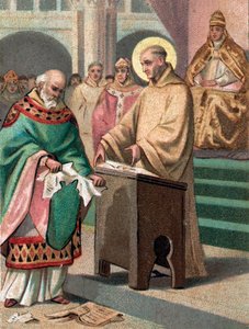 1148年のランス公会議：クレルヴォーの聖ベルナール（1090-1153）（サン・ベルナルド・ディ・キアラヴァル）がポワチエの前夜祭のジルベール・ド・ラ・ポレを異端であると訴えた - 19世紀末のクロモリグラフィー
