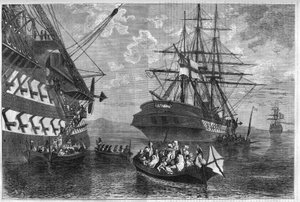 1866-1869年のクレタ島の反乱（オスマン帝国に対するクレタ島の反乱）。中立国の船に亡命しようとするクレタ島の家族。L