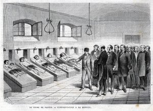 1869年10月のパンタンの犯罪。死体安置所での対決。1869年の刻印 作： Unknown artist